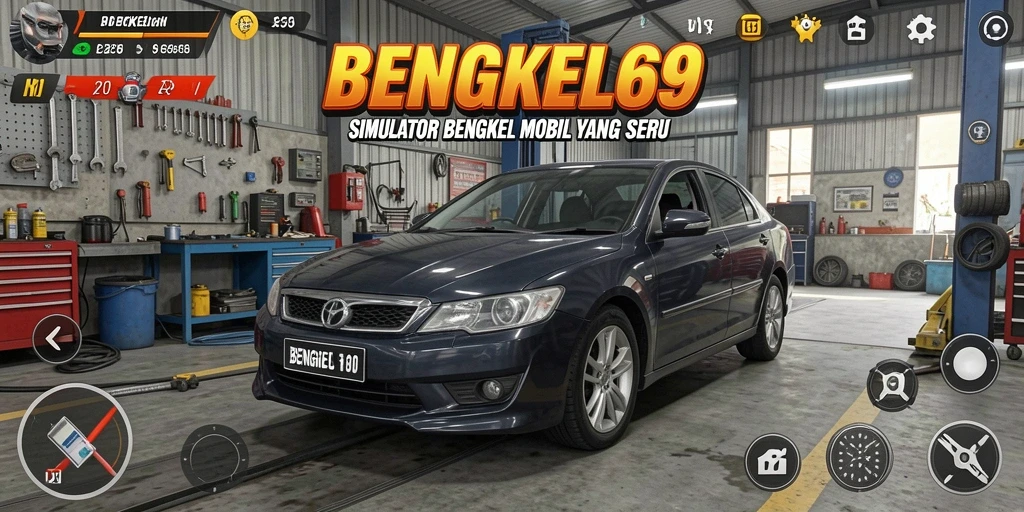 Tampilan gameplay menarik dari BENGKEL69 yang menggambarkan simulasi bengkel mobil.