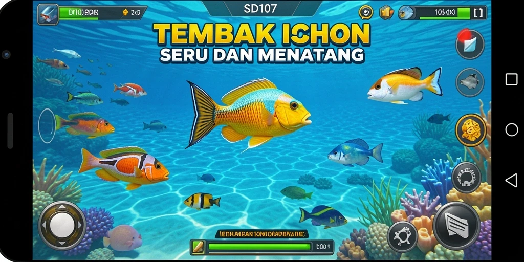 Tampilan gameplay seru dari SD107 dengan banyak ikan untuk ditembak.
